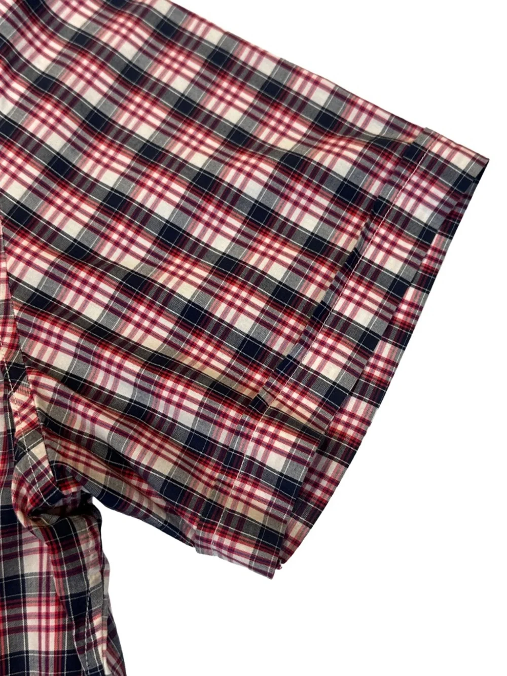 Banana Republic Mens Plaid Button Down Shirt L Red Navy Cotton Stretch
